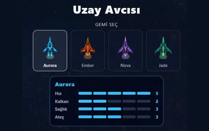 Uzay Avcısı — gemi seçim ekranı